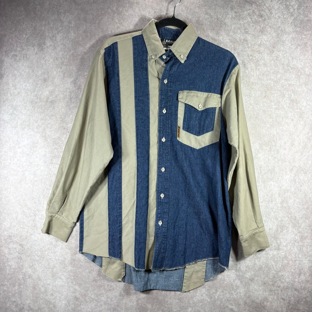 Banjo Shirt‎ Mens Medium Blue Tan Denim Colorblock Western Rockabilly USA Cowboy